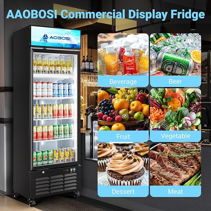 AAOBOSI Commercial Merchandiser Refrigerator,17.09Cu.Ft Glass Door Display Refrigerator,Upright Beverage Cooler Fridge with Soft LED Light, Customizable Lightbox,Universal Casters,Adjustable Shelves