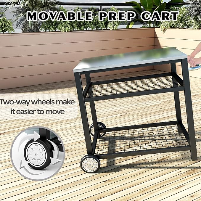 Stainless Steel Grill Cart Pizza Oven Stand Trolley Table with Wheels Pizza Cart Three-Shelf Movable Food Prep Work Dining Table with Double-Shelf Heavy Duty Outdoor 31.5" x 24 x 33.5