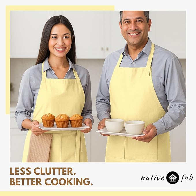 Native Fab Kitchen Apron 2 Pack - 100% Cotton Adjustable, Durable Apron with Pockets, Perfect for Cooking, Baking, Grilling