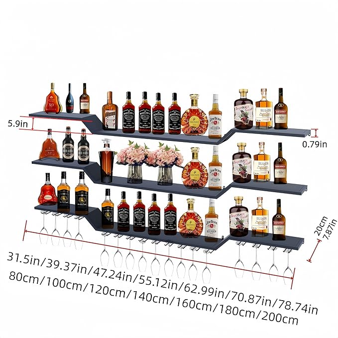 70.9" Wall Mounted LED Wine Rack, 3-Tier Floating Bar Shelves, Large Liquor Shelf with Wine Glass Rack, Large Bar Rack Wall Mounted for Liquor Bottles, Home Bar, Dining Room or Cafe, Black