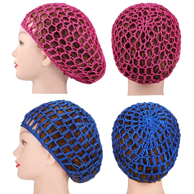 Geyoga 4 Pieces Mesh Crochet Hair Net Rayon Knit Snood Hat Thick Short Women Hairnet Snoods Cover Ornament for Sleeping (Pink, Rose Red, Green, Royal Blue)
