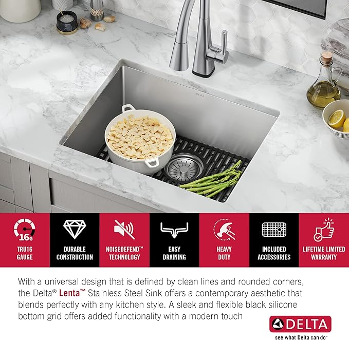DELTA FAUCET Delta Lenta 23-inch Undermount 16 Gauge Stainless Steel Single Bowl Kitchen Sink with Accessories, 953034-23S-SS, Satin