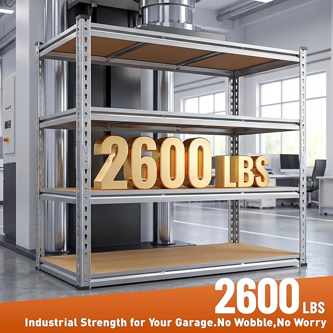 Garage Shelving Load 2600LBS, 4-Tier Storage Shelves, Adjustable Garage Shelves, Shelving Units and Storage, Metal Shelf for Kitchen, Pantry, Warehouse, 48" W x 60 "H x 24.1" D, Galvanized