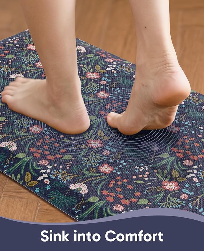 Ophanie Kitchen Mats for Floor, 3/4 inch Thick, 17x28 Anti Fatigue Cushioned Mat, Kitchen Rugs, Waterproof, Comfort Ergonomic Standing Mat for Office, Home, Sink, Blue Flower Non-Slip Ridged Bottom