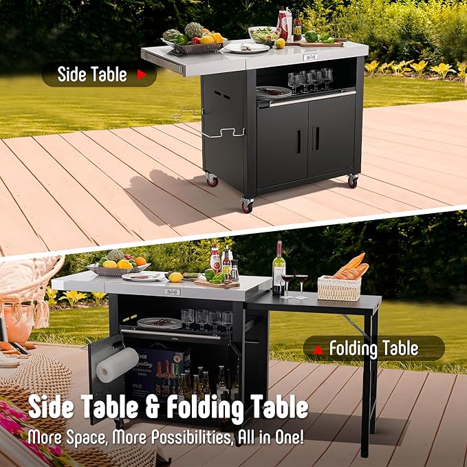 Grill Table,Outdoor Kitchen with Cabinet Outdoor Grill Table with 2 Foldable Side Tables Stainless Steel Top for Outdoor Kitchen Cabinets, Bar Cart, Movable Grill Cart with Pull-Out Plate, L74”x W24”