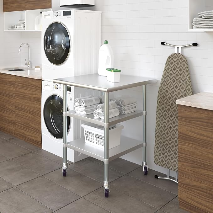 AmGood Stainless Steel Work Table with 2 Shelves and Casters | Metal Utility Table On Wheels (Stainless Steel Work Table with 2 Shelves + Casters, 30" Long x 30" Deep)