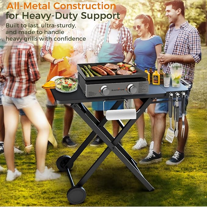 Grill Table Stand for Blackstone 17” & 22” Griddle, Ninja Woodfire Outdoor Grills, Ooni Pizza Oven, 34"x20" Foldable Grill Cart with Wheels and Handle for Camping & Backyard BBQ