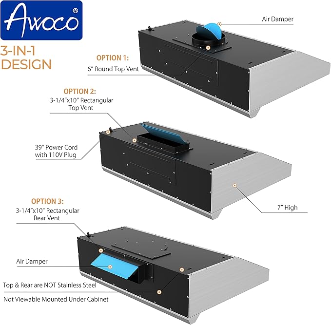 Awoco 36" Stainless Steel Under Cabinet 6 Speeds 900 CFM Range Hood with Tempered Glass Touch Panel, LED Lights, Baffle Filters and Oil Collector, 8" High
