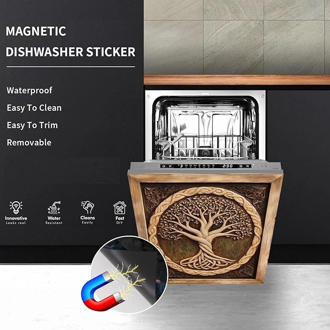 Wood Tree of Life Dishwasher Magnet Cover Skin Panel Decal, 3D Wood Sculpture Tree of Life Refrigerator Magnet Door Cover Vinyl Dishwasher Sticker - 23" W x 26" H Magnetic