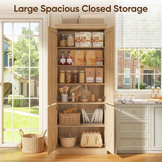 70.8" Tall Bookshelf with Doors, Farmhouse Modular Bookcase with 4-Tier Adjustable Shelves, Large Storage Cabinet for Home Office, Living Room, Brown, Set of 3