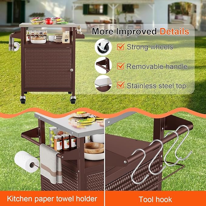 Outdoor Pizza Oven Table,Outdoor Table with Waterproof Cover, Movable Pizza Oven Stand Tables (Brown)