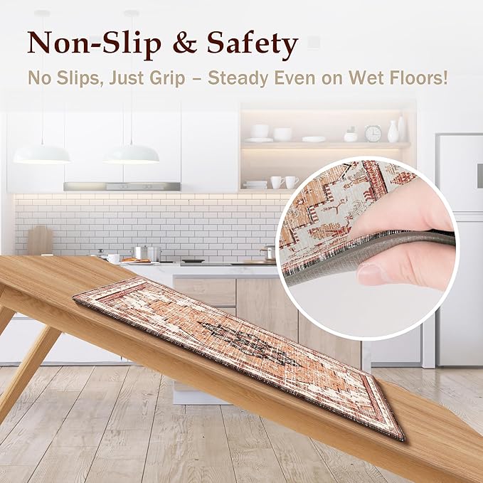Boho Kitchen Mats for Floor 2 Piece Set Anti Fatigue Cushioned PVC Kitchen Rugs Non Slip Waterproof Farmhouse Mats 2/5 Inch Comfort Standing Mat for Sink, Laundry, Office, 17.3"x59"+17.3"x28", Orange