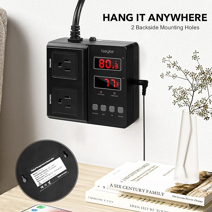 bayite Temperature Controller 1650W 15A BTC211 Dual Digital Outlet Thermostat Plug, Pre-Wired, 2 Stage Heating and Cooling Mode, 110V - 240V, Fermentation BBQ Reptile Aquarium