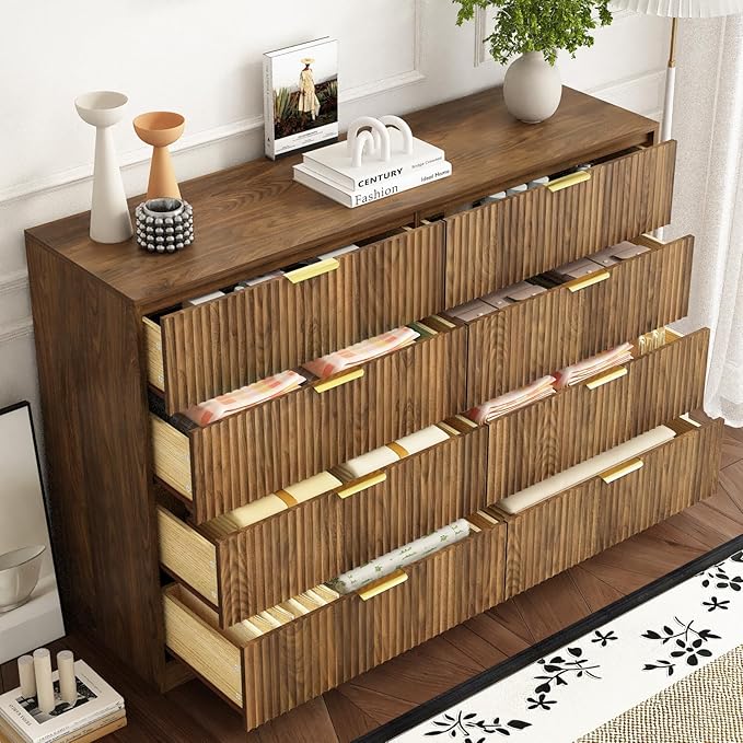 8 Drawer Dresser for Bedroom, Modern Fluted Double Dresser, 55" Wide Chest of Dressers, Mid Century Wooden Beside Table for Closet, Living Room and Entryway, Natural