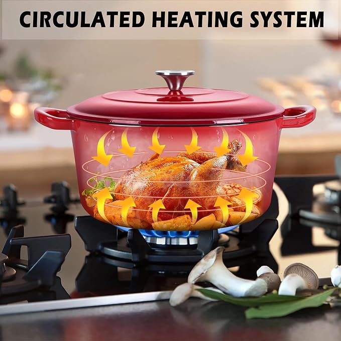 TeamFar 3qt Dutch Oven, Small Enameled Cast Iron Dutch Oven Pot with Lid, For Bread Baking/Stewing/Braising/Frying, Various Stoves & Oven Safe, Non-stick & Easy Clean, Red