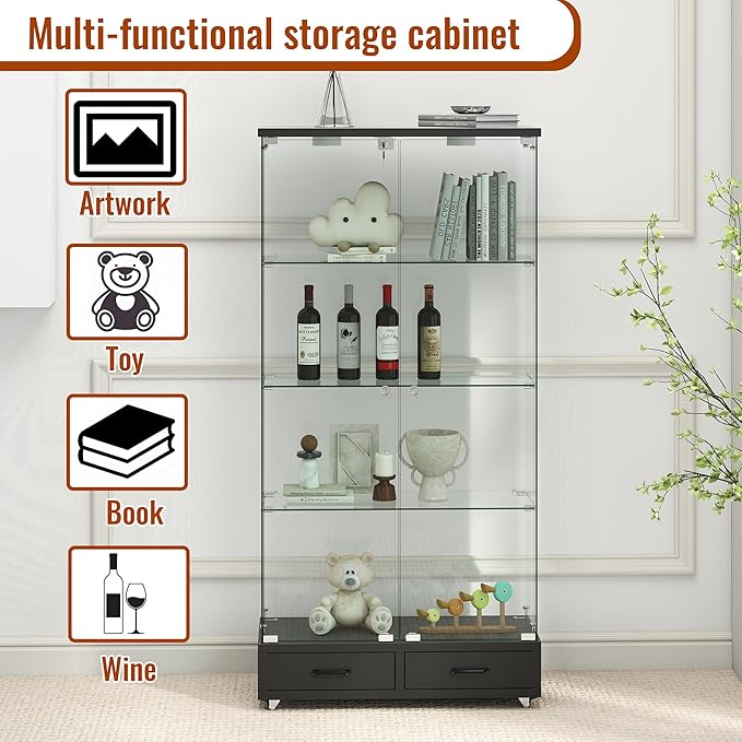 Yoluckea 4 Tier Glass Display Cabinet with LED Lighting and 2 Drawers, 2 Doors Floor Standing Curio Cabinet with Wheel for Home, Office, Corner Display, Black Glass Bookshelf for Collections and Decor