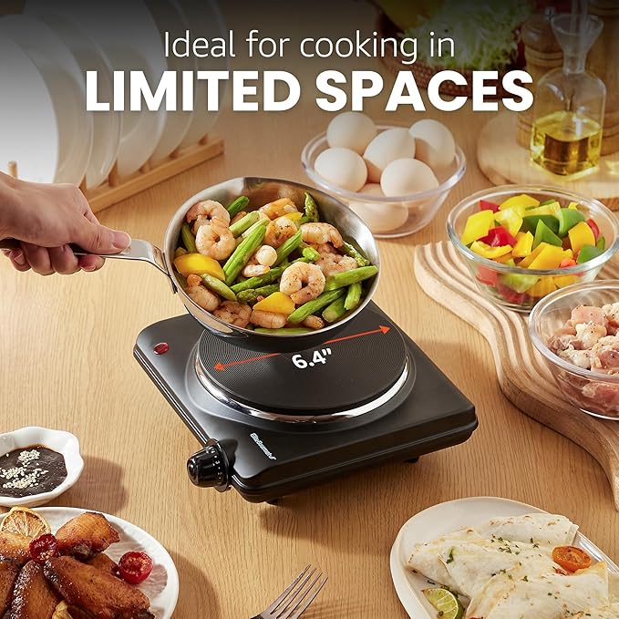 Elite Gourmet ESB-301BF# Countertop Single Cast Iron Burner, 1000 Watts Electric Hot Plate, Temperature Controls, Power Indicator Lights, Easy to Clean, Black