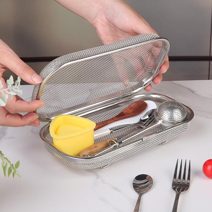 Dishwasher Basket for Small Items, 18/8 Food-Grade Stainless Steel Utensil Organizer with Locking Lid, Dishwasher Safe Holder for Chopsticks, Forks, Spoons, Bottle Parts and Kitchen Tools(Medium)