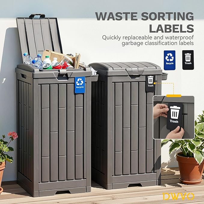 DWVO 38 Gallon Outdoor Trash Can, Resin Garbage Bin with Lid, Includes 2 Sorting Labels, Ash Holder, Stakes & Suction Cups, Hideaway Storage for Patio Backyard Garden, Light Brown