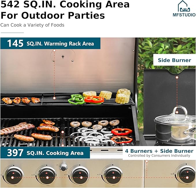 MFSTUDIO 4 Burner BBQ Gas Grill with Side Burner, Propane Grills with Porcelain-Enameled Cast Iron Grates, Durable Stainless Steel frame for Outdoor and Patio Backyard Barbecue Cooking, Blue