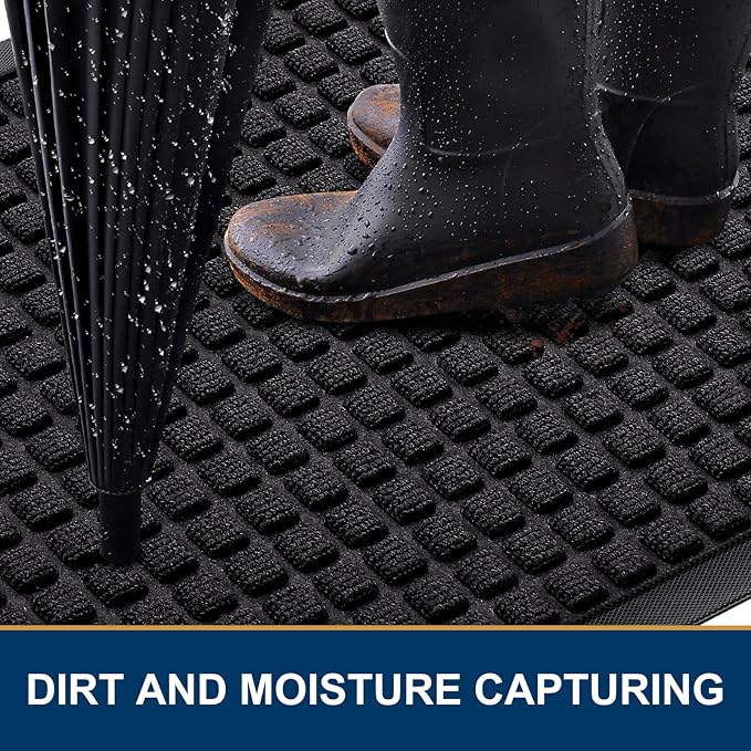 Smiry Front Door Mat Outside Entrance, Heavy Duty Natural Rubber Doormat, Non Slip, Trap Dirt and Moisture, Easy Clean, Low Profile Welcome Floor Mats for Indoor Outdoor Entry, 47x32 Inch, Black