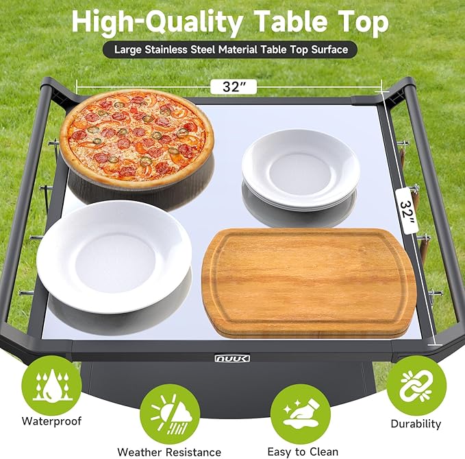 NUUK Outdoor Grill Cart on Wheel 32" x 32", Stainless Steel Pizza Oven Table with Double-Shelf, Rolling Countertop Kitchen Food Prep Cart for Backyard, Garden, Restaurant