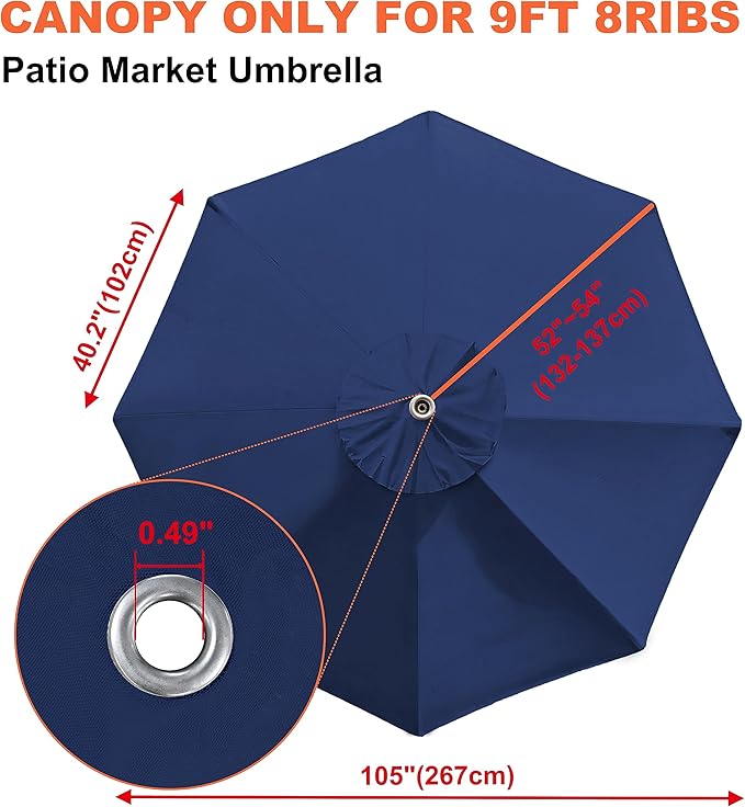 EliteShade USA 9FT Patio Umbrella Replacement Covers 8 Ribs Market Umbrella Canopy Cover (CANOPY ONLY) (Navy Blue)