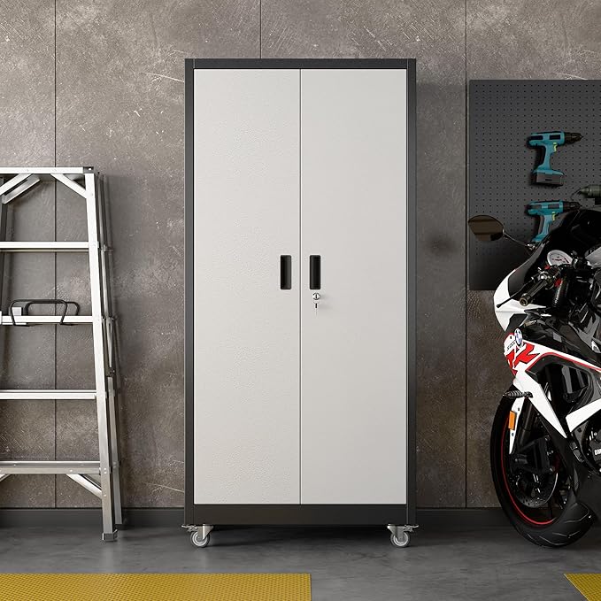 Aobabo Upgraded Garage Storage Cabinets with Wheels,Metal Storage Cabinets with 5 Adjustable Shelves for Garage Home Office Storage, Black&Silver,71''H*32''W*16''D,Assembly Required