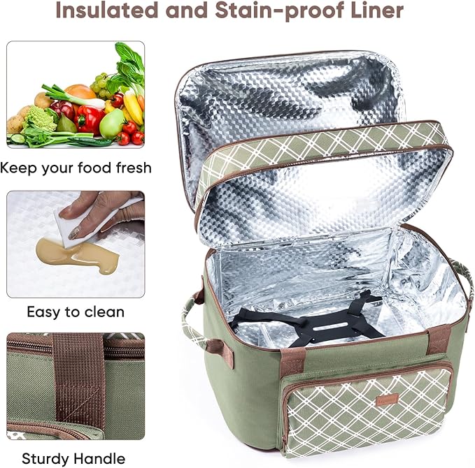 Double Layer Slow Cooker Carrier Bag for 6-8 Quart Oval CrockPot, Insulated Crock Pot Travel Bag with Top Zip Compartment and Front Pocket for Utensils