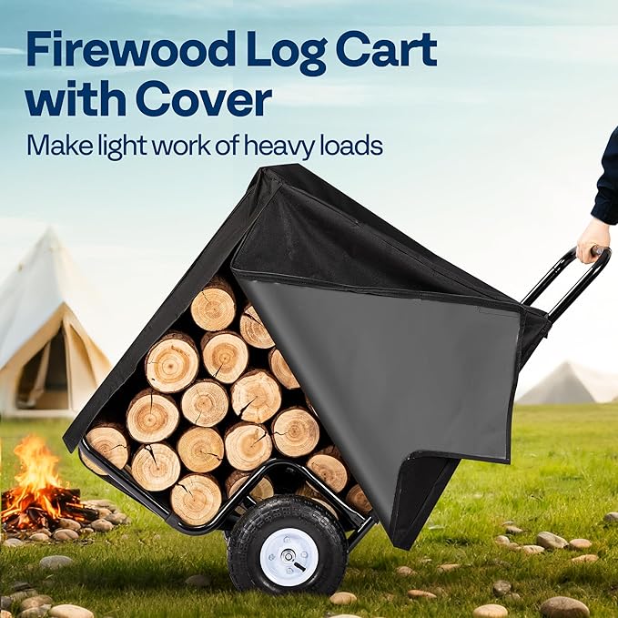 VIVOHOME Large Firewood Cart with Cover and 600D Oxford Cloth, 250 LB Capacity Heavy Duty Steel Log Carrier Dolly Hauler, Rolling Wood Rack Storage Mover for Easy Transport Indoor Outdoor Use