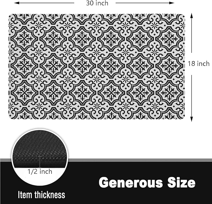 Kitchen Mats Anti Fatigue Floor Rugs 18x30x1/2-Inch Comfort Standing Rugs Non Slip Waterproof for Laundry Bath Room Garages (White/Black)