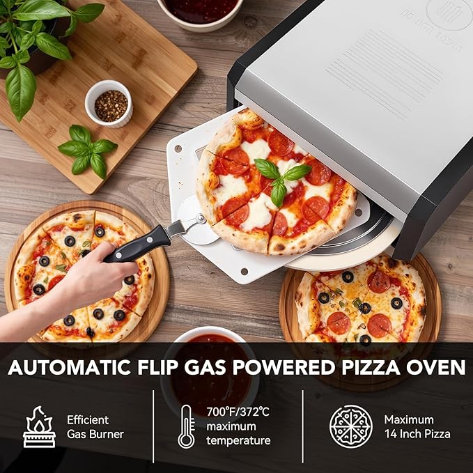 Pizza Oven, with 14" Pizza Stone and Legs,Automatic Rotation Function Outdoor Gas Pizza Ove, Carbon Steel Material,Maximum Temperature of 700°F, for Camping, Parties and Backyard Barbecues,Outdoor