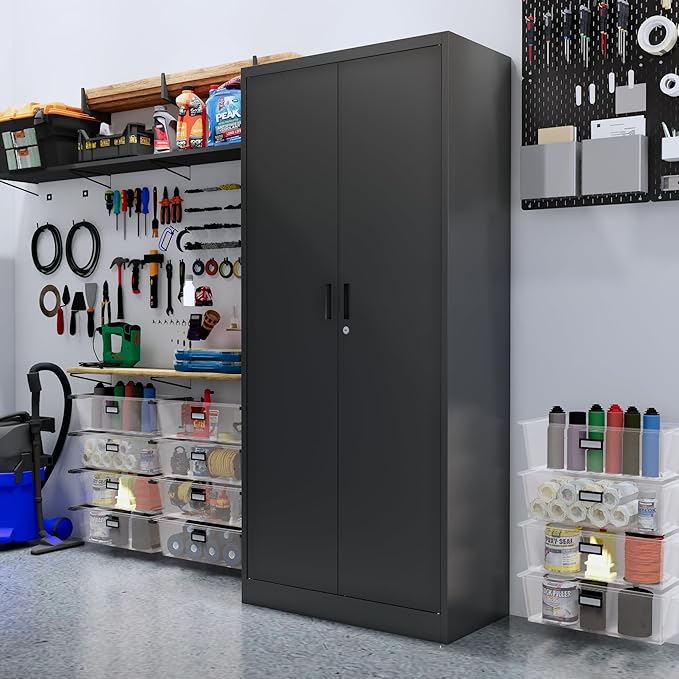 BESFUR Metal Storage Cabinet, 71" H Locking Storage Cabinet with 5 Adjustable Shelves, Metal Cabinets for Garage, Office, Home, Classroom- Black
