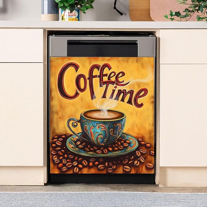 Retro Coffee Time Dishwasher Magnet Cover,Vintage-Style Coffee Beans Magnetic Dishwasher Cover Vinyl Sticker,Fridge Door Cover Magnets Art Skin Panel Decal,Home Decor Decal,23"X26"