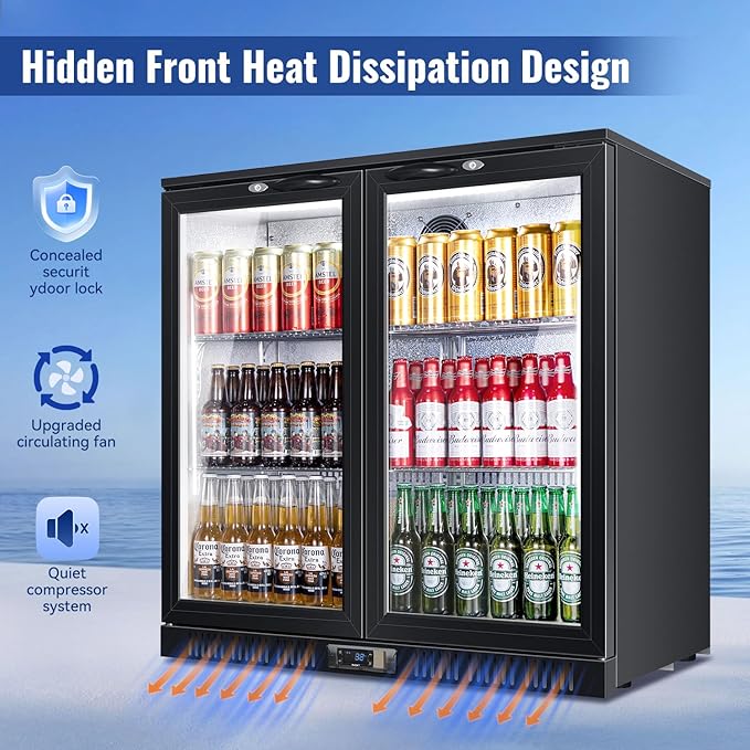 Tylza Back Bar Cooler With 2 Glass Doors, 200L Under Counter Back Bar Refrigerator with LED Lighting, Safety Locks, Counter Height Bar Beverage Cooler for Beer, Soda Drinks, Wine, Black