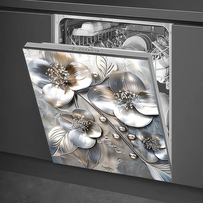 Silver Embossed Flower Magnetic Dishwasher Cover 23x26 Inch Floral Pearl Panel for Fridge Appliance Kitchen Door Magnet Sticker Surface Wrap Decorative Metal Look Art
