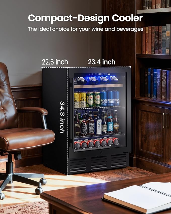 24 In Beverage Refrigerator, 112 Cans & 8 Bottles Wine Fridge with Double-Layer Glass Door, Built-In or Freestanding Wine and Beverage Refrigerator, Under Counter Fridge for Home/Bar/Cafe