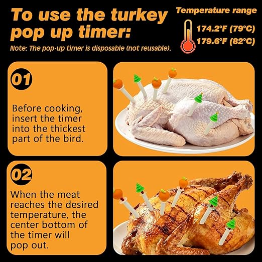 CloudHand Meat Turkey Pop Up Timer & Flavor Injector Set, Turkey Thermometer Disposable Chicken Beef Cooking Meat Thermometers & Timers, Pops at 175°F–180°F Pack of 6