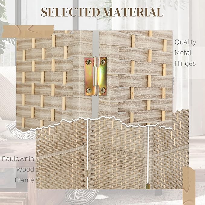 HOMCOM 3 Panel Room Divider, 6' Tall Folding Privacy Screen, Woven Freestanding Wall Partition for Home Office, Bedroom, Washed Oak