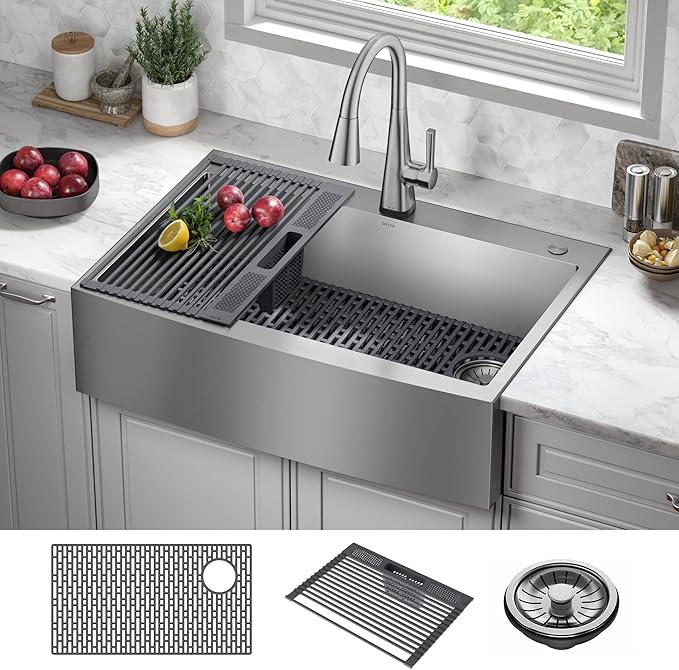 DELTA FAUCET Delta Lenta 33-inch Retrofit Farmhouse Apron Front 16 Gauge Stainless Steel Single Bowl Kitchen Sink for Undermount/Drop-In Installation with Accessories, 95J132-T33S-SS