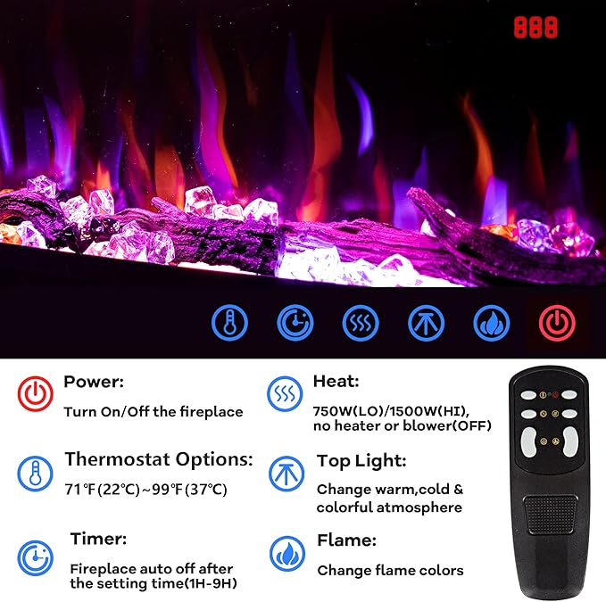 86 inch Electric Fireplace, Smart Fireplace Insert recessed in Wall and Wall Mounted fire Place Heater with Metal Frame, Multicolor Flame & Realistic logs，Thermostat& Timer, 1500W, Black