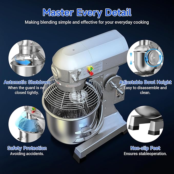 20Qt Commercial Stand Mixer with Timing Function,1100W Commercial Mixer 3-Speed Adjustable,Electric Stand Commercial Dough Mixer with Stainless Steel Bowl for Bakery Pizzeria