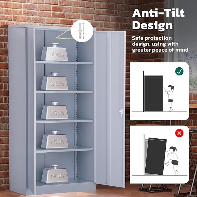 Greenvelly Metal Garage Storage Cabinet with 2 Doors and 4 Adjustable Shelves, 72”H Steel Lockable Storage Cabinet,Tall Metal Cabinet Locking File Cabinet for Office,Home, Garage, Gym, School