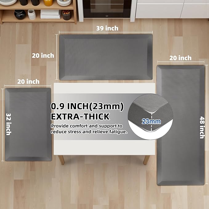 Anti Fatigue Kitchen Mats for Floor, Grey 9/10 Extra Thick Cushioned Standing Desk Mat, Comfort Memory Foam Ergonomic Kitchen Rugs and Mats Non-Slip Waterproof for Office, Kitchen, Sink, 20" x 32"