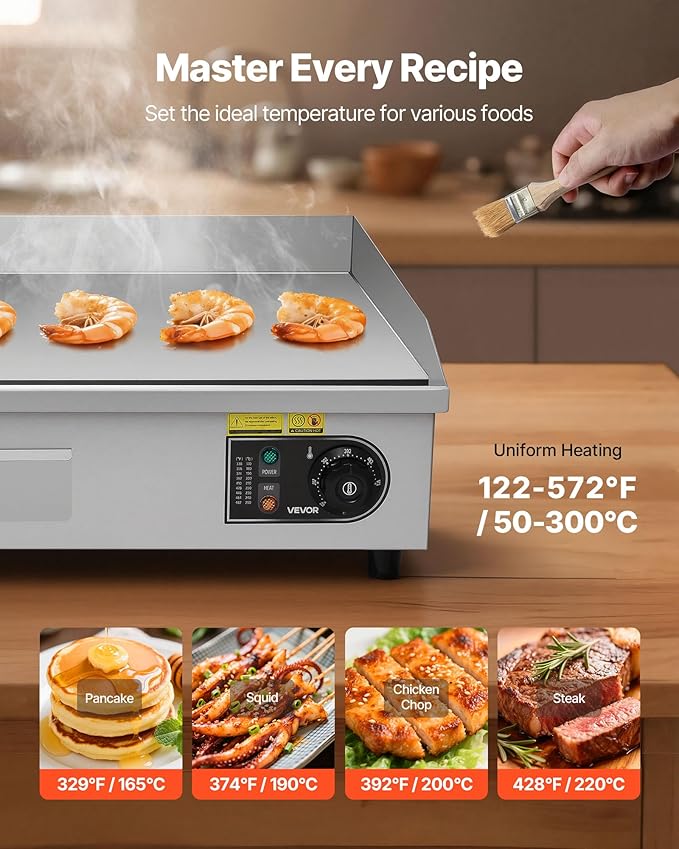 VEVOR Commercial Electric Griddle, 28.54 x 15.75 in, 2800W, 122-570°F Adjustable Temp Control, Stainless Steel Countertop Flat Top Grill with 2 Spatulas, 2 Brushes, 4 Foot Pads, for Steak(NO PLUG)