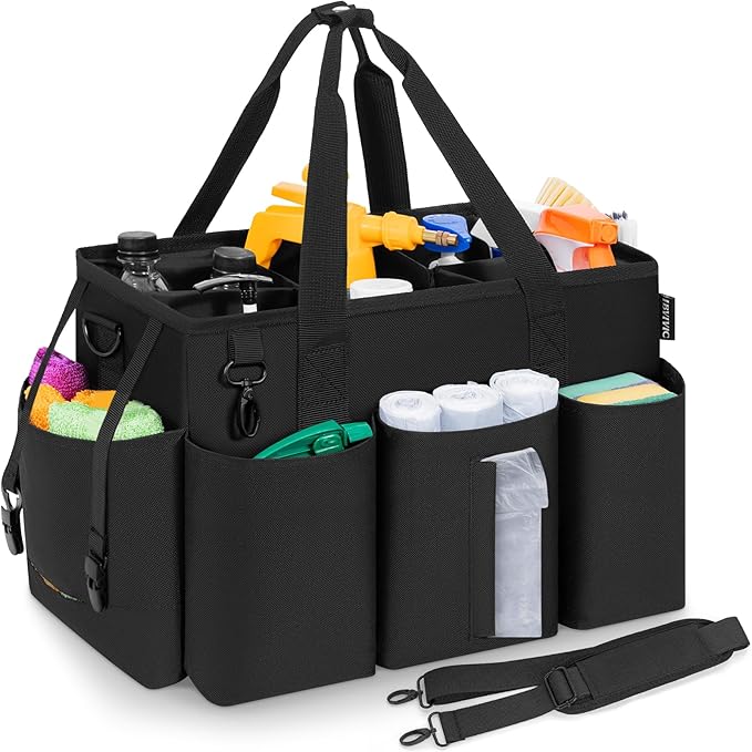 Wearable Cleaning Caddy Bag for Cleaning Supplies, Large Capacity Cleaning Organizer Tote Bag Simple Kitchen Cleaning Supplies Storage Bag for Cleaners Housekeepers (Black)