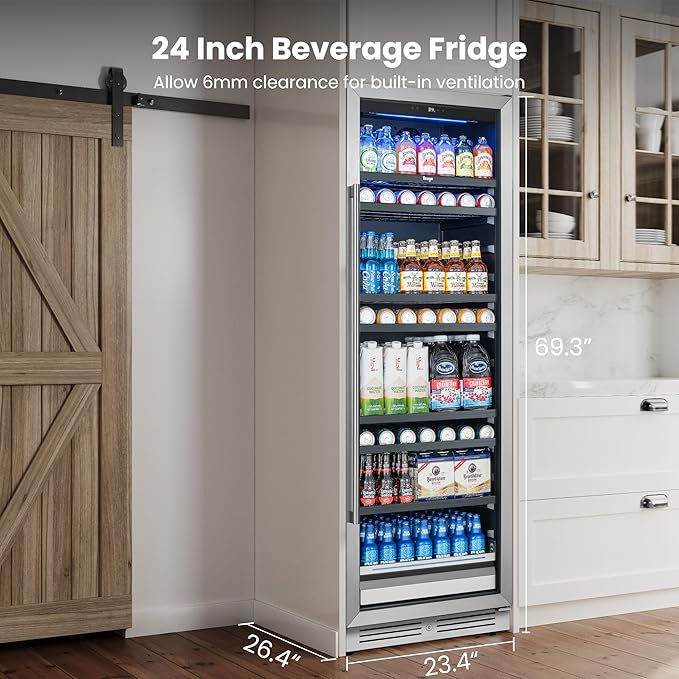Yeego 24 Inch Large Capacity Beverage Refrigerator, 378 Cans Beverage Cooler with Glass Door & Lock, Built-In or Freestanding Drink Fridge for Soda, Beer & Wine, Office, Bar or Entertainment Area