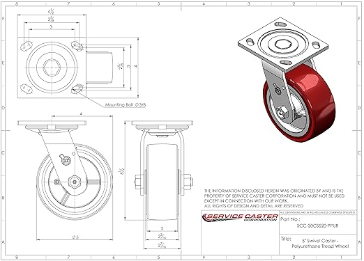 Service Caster Brand Replacement Caster for Uline Caster H-7362S - Swivel Top Plate Caster with 5 Inch Polyurethane Wheel - Heavy Duty Replacement Caster - Fits Platform, U-Boat and Trucks H-6237
