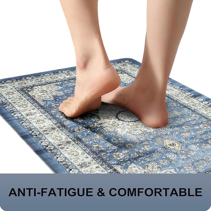 Collive Boho Kitchen Mat, Cushioned Anti Fatigue Kitchen Rug Set 2 Piece Non-Skid Waterproof Kitchen Mats for Floor, Comfort Heavy Duty Standing Mat for Kitchen, Laundry, Office, Desk(Blue)
