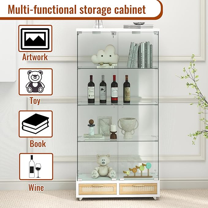 Yoluckea 4 Tier Glass Display Cabinet with LED Lighting and 2 Drawers, 2 Doors Floor Standing Curio Cabinet with Wheel for Home, Office, Corner Display, White Glass Bookshelf for Collections and Decor